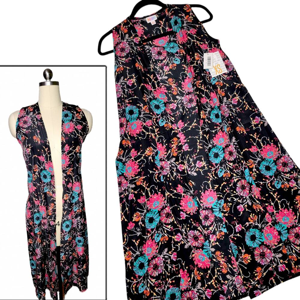 LuLaRoe Joy Vest XS Black Floral Pink Blue Yellow Brown Satin Longline Duster